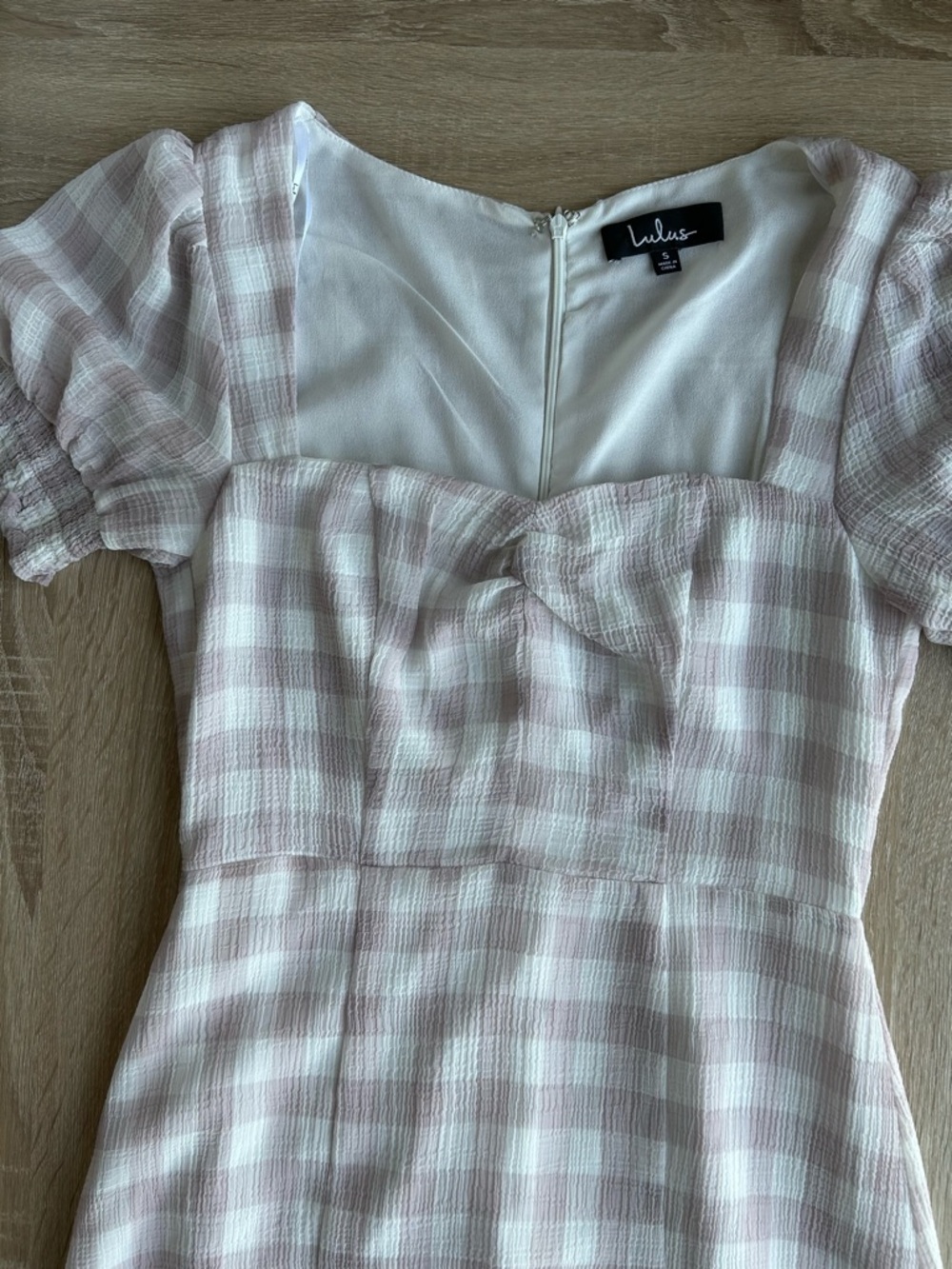Lulus Pink Gingham Midi Dress with Puff Sleeves A line - Picture 6 of 7